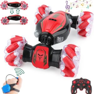 Gesture Sensing RC Stunt Car - Christmas Red, Best Birthday Gifts for Kids 6-12, Hand Remote Control Double Side Twist Cars Toys with Light Music, 4 WD Drift Off Road for Rotation