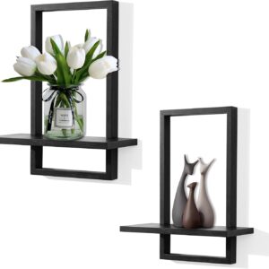 PHOENANCEE Square Floating Shelves Black,Framed Hanging Shelf for Wall Set of 2,Decorative Modern Chic Plants Decor for Living Room Bedroom Bathroom Home Office,Soild Wood,L+S