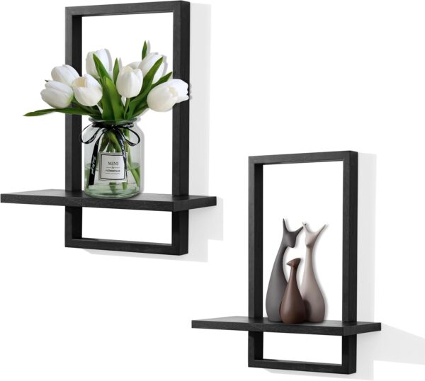 PHOENANCEE Square Floating Shelves Black,Framed Hanging Shelf for Wall Set of 2,Decorative Modern Chic Plants Decor for Living Room Bedroom Bathroom Home Office,Soild Wood,L+S