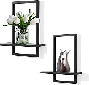 PHOENANCEE Square Floating Shelves Black,Framed Hanging Shelf for Wall Set of 2,Decorative Modern Chic Plants Decor for Living Room Bedroom Bathroom Home Office,Soild Wood,L+S