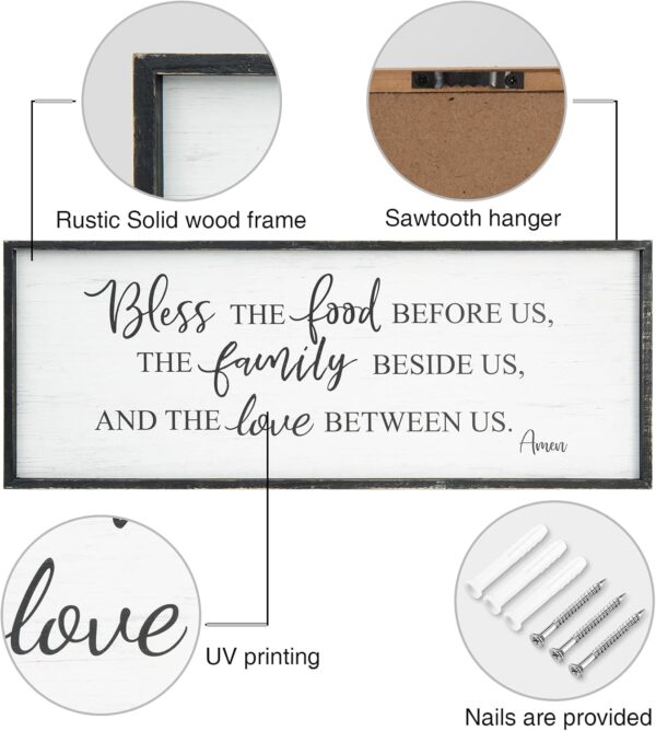 Bless The Food Before Us Home Decor Wall Sign For Family Kitchen Farmhouse Dining Room Vintage Rustic Retro Boho Wood House Wall Art Decoration For Living Room Bedroom 40 x 15 Inch white black - Image 2