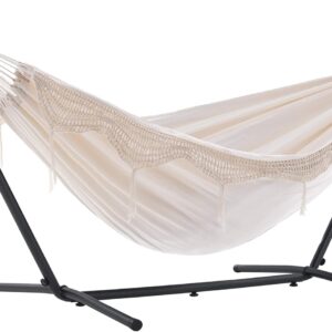 Vivere Double Hammock with Space Saving Steel Stand, Natural (450 lb Capacity - Premium Carry Bag Included)