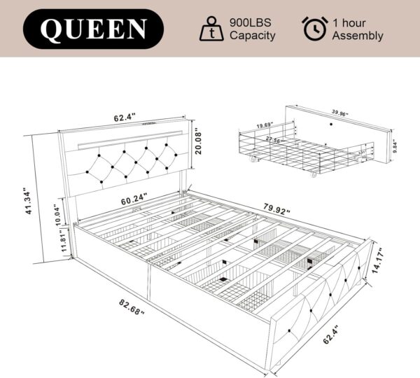 Queen Size Bed Frame with 4 Drawers and Adjustable LED Headboard, PU Leather Upholstered Platform Storage Bed with Charging Station, Wooden Slats Support, No Box Spring Needed, White - Image 2