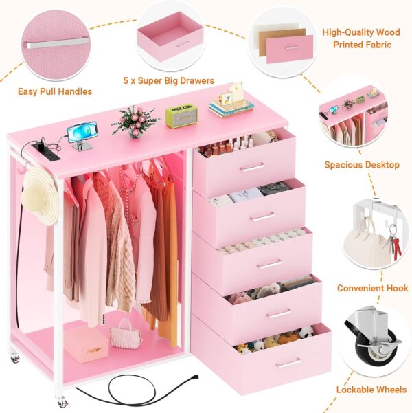 Cyclysio Dresser for Bedroom with Clothes Rack, 5 Drawers Dresser with Charging Station & LED Lights, Black Storage Chest of Drawers with Wheels, Wooden Top, Lockable Wheels, Bedroom, Closet, Pink - Image 6
