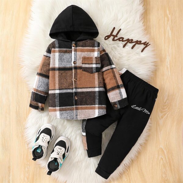 Toddler Baby Boy Clothes Plaid Long Sleeve Hoodie Sweatshirt + Pants 2pcs Fall Winter Boys Outfit Set - Image 2