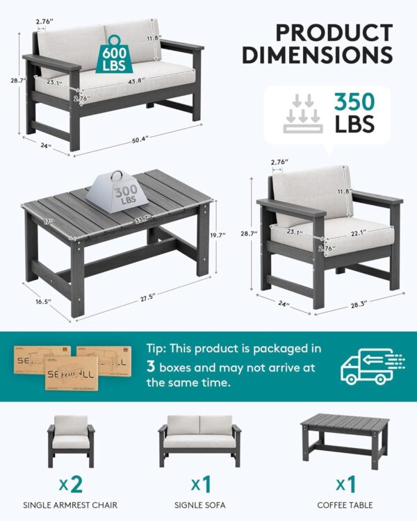 SERWALL 4 Pieces Outdoor Conversation Sofa Set with Cushions, HDPE Outdoor Couch Loveseat Furniture with Side Table All Weather Use for Patio, Balcony, Deck, Poolside, Grey Frame with Khaki Cushions - Image 2