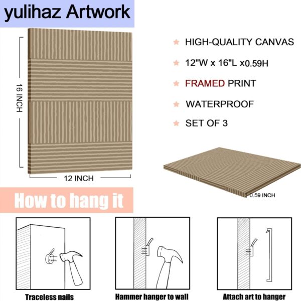 yulihaz Boho Modern Wall Art Set of 3 Abstract Line Wall Decor Minimalist Neutral Canvas Pictures Beige Brown Black Poster Mid Century Painting Print Artwork for Bedroom Living Room Framed 12x16 in - Image 2