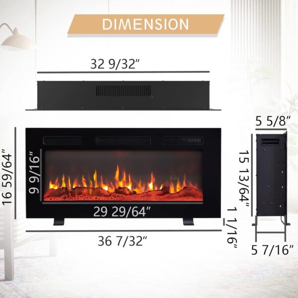 Efiretric® Grace 36" W 3 in 1 Electric Fireplace (EF449), Freestanding, Wall Mounted, Recessed, 9 Colors Flame Effect, TV Media Wall, Heater 750W/1500W, Remote Control - Image 4