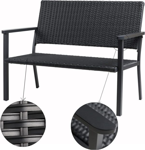 C-Hopetree Outdoor Loveseat Bench Chair for Outside Patio Porch, Metal Frame, Black All Weather Wicker - Image 4