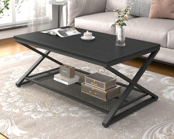 LVB Gray Coffee Table with Storage, Farmhouse Metal Wood 2 Tier Center Table for Living Room, Industrial Wooden Rectangular Concrete Tables with Mesh Shelf for Office Bedroom, 39 inch, Light Grey Oak - Image 3