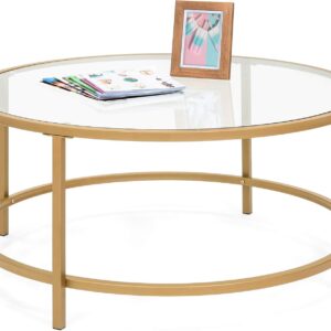 Best Choice Products 36in Modern Round Tempered Glass Accent Side Coffee Table for Living Room, Dining Room, Tea, Home Décor w/Satin Trim, Metal Frame, Non-Marring Foot Caps - Bronze Gold