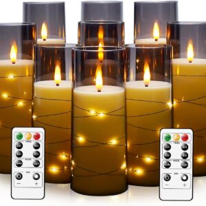 Flameless LED Candles with Timer 9 Pc Flickering Flameless Candles for Romantic Ambiance and Home Decoration Stable Acrylic Shell,with Embedded Star String，Battery Operated Candles（Grey）