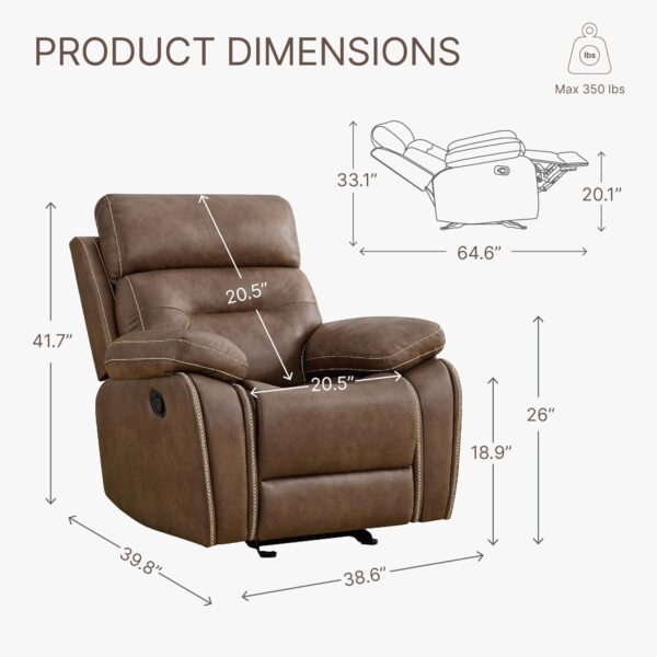 Manual Rocker Recliner Chair with Overstuffed Arms and Back, Faux Leather Single Sofa for Living Room Bedroom Home Theater Seating - Image 3