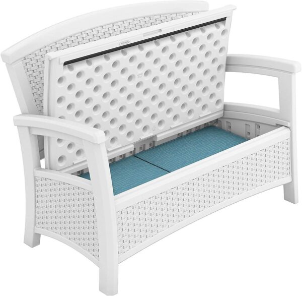 Suncast Elements Stylish Lightweight Loveseat Outdoor Seating with Convenient Built In Universal Storage, and All Weather Plastic, White - Image 5