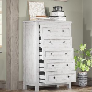 AMERLIFE 5 Drawers Dresser for Bedroom, Farmhouse Wood 47" Tall Dresser for Closet, Natural Texture Chest of Drawers for Bedroom, Living Room, Hallway and Entryway, Distressed White