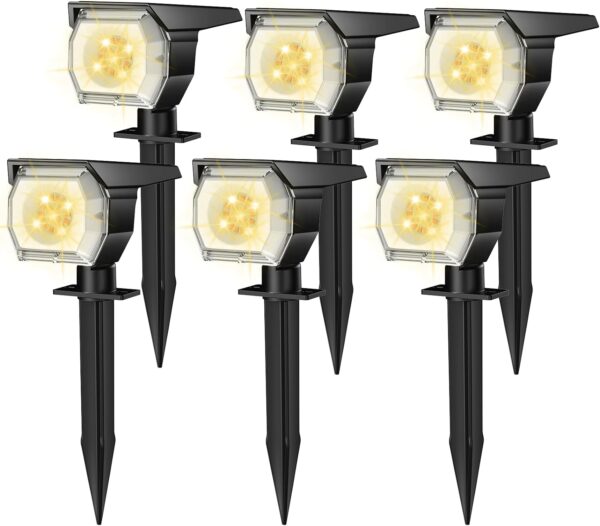 EIUIO Solar Outdoor Lights, Solar Lights Outdoor Waterproof, Solar Spot Lights Outdoor with Auto On/Off and 3 Lighting Modes, Outdoor Lights for Garden Decor, Outdoor Decor, 6 Pack(Warm White)