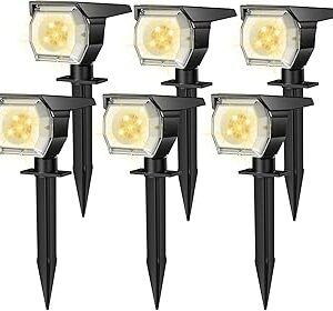 EIUIO Solar Outdoor Lights, Solar Lights Outdoor Waterproof, Solar Spot Lights Outdoor with Auto On/Off and 3 Lighting Modes, Outdoor Lights for Garden Decor, Outdoor Decor, 6 Pack(Warm White)