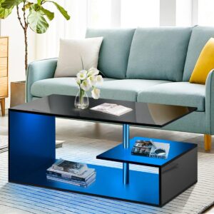 HOMMPA LED Coffee Tables for Living Room Modern Black Coffee Table with S-Shaped 3 Tiers Open Storage Shelf High Gloss Center Sofa Tea Table with LED Lights for Home Office Furniture Black 18" Tall