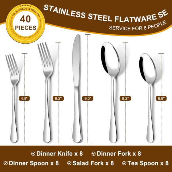 40-Piece Silverware Set Service for 8, Stainless Steel Flatware Cutlery Set, Kitchen Tableware Set, Utensil Set for Home and Restaurant, Knives Forks Spoons Set, Mirror Polished, Dishwasher Safe - Image 3