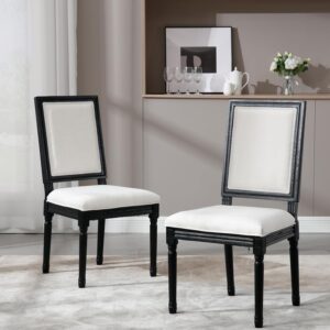 Cane Dining Chairs Set of 4, French Country Wood Dining Room Chairs with Round Rattan Back, Upholstered Farmhouse Kitchen Chairs for Dinner/Restaurant, Whitewashed Finish Black