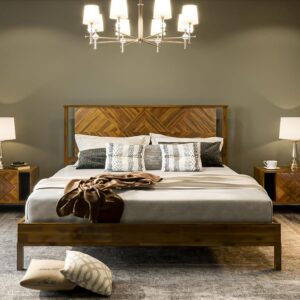Bme Ethan Solid Wood King Bed Frame with Diamond Headboard - Rustic & Mid-century Modern - Acacia Wood Platform Bed - Compatible with All Mattresses - No Box Spring Needed - Rustic Dark Brown