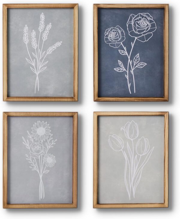 Mokof Framed Canvas Print Wall Art Set of 4, Boho Botanical Flower Prints Art for Home Office Decor, Modern Farmhouse Wall Decor for Living Room, Bedroom, Kitchen, Bathroom