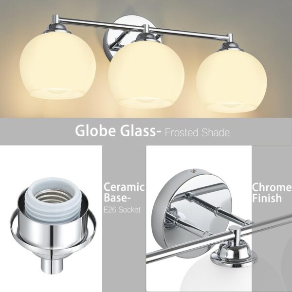 Chrome Bathroom Light Fixtures,3-Light Vanity Lights with Frosted Glass,Mid-Century Modern Bathroom Vanity Light Over Mirror - Image 3