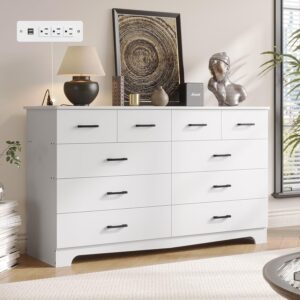 DICTAC White Bedroom Dresser with 10 Drawers, Large Chest of Drawers Storage Organizer, Long Dresser TV Stand with Power Outlets, Wide Dresser for Bedroom, Living Room (55.1" W x 32.3" H x 15.8" D)