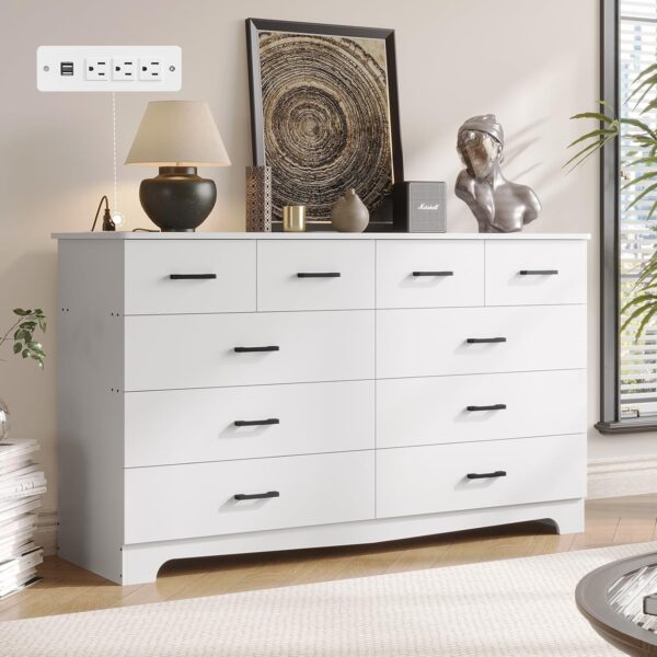 DICTAC White Bedroom Dresser with 10 Drawers, Large Chest of Drawers Storage Organizer, Long Dresser TV Stand with Power Outlets, Wide Dresser for Bedroom, Living Room (55.1" W x 32.3" H x 15.8" D)