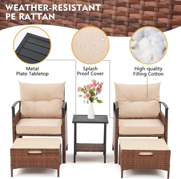 AVAWING 5 Pieces Patio Furniture Set, Outdoor Rattan Chairs with Metal Coffee Table, Ottomans & Soft Cushions, Wicker Conversation Bistro Set for Garden, Deck, Balcony, Poolside(Beige) - Image 3