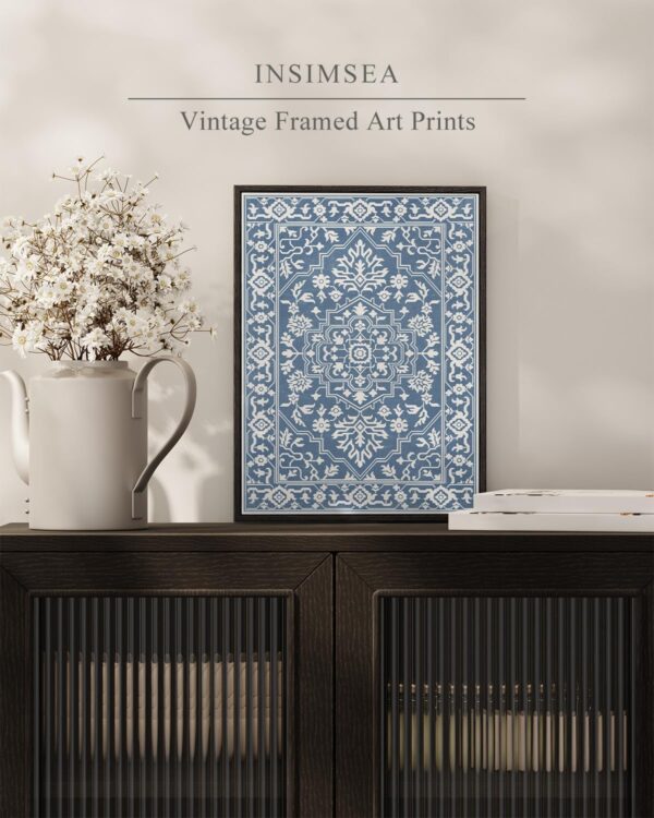 InSimSea Black Framed Vintage Wall Art, Victoria Flowers and Geometric Patterns, Retro Classical Decor, Living Room Bedroom Kitchen Home Office Decor, Blue Abstract Decor, Canvas Prints, 12"x16" - Image 2