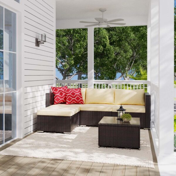 Aiho Patio Furniture Set All Weather Outdoor Sectional Patio Sofa Set Wicker Patio Furniture with Tempered Coffee Table, for Backyard Porch Poolside, Beige - Image 7