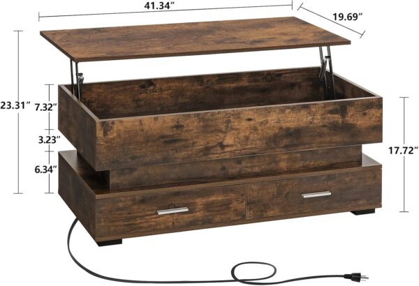 WEENFON LED Coffee Table, Smart Coffee Table with Charging Station, Lift Top, 21 Colors Change, 2 Tiers Modern Tea Table with Storage, Living Room Furniture, Rectangle Design, Rustic Brown - Image 3