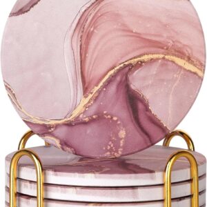 Absorbent Pink Marble Ceramic Coasters for Drinks with Gold Holder and Cork Base Set of 6 Round Decorative Tabletop Protection for Coffee Table Bar Kitchen Home and Dining Room