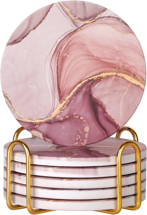 Absorbent Pink Marble Ceramic Coasters for Drinks with Gold Holder and Cork Base Set of 6 Round Decorative Tabletop Protection for Coffee Table Bar Kitchen Home and Dining Room