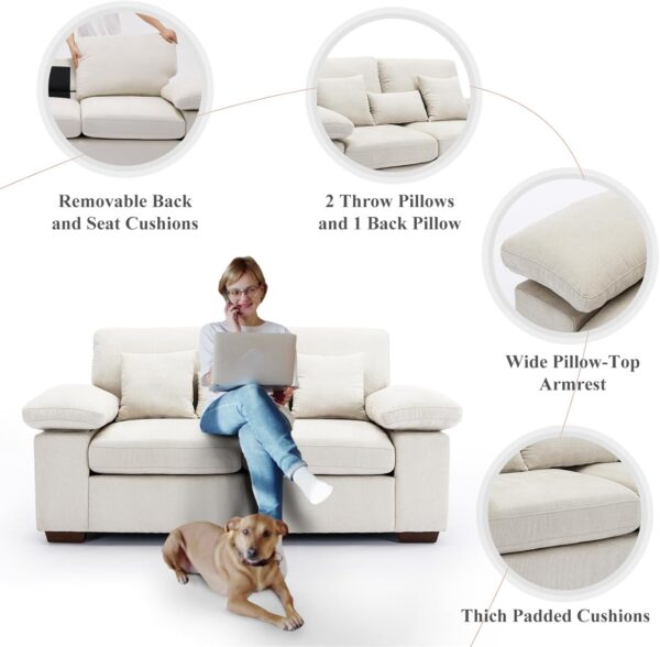Loveseat Sofa Couch 73", Chenille Love Seat Couch Sofa with Removable Back Seat Cushions, Upholstered Living Room Sofa with 2 Throw Pillows 1 Lumbar Pillow, Sofa for Small Space Apartment Lounge-Beige - Image 4