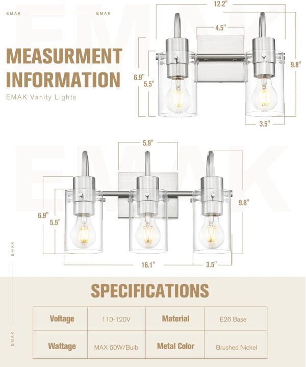 Emak 3-Light Bathroom Lighting Fixtures Over Mirror, Modern Brushed Nickel Vanity Light with Clear Glass Shade for Bathroom, Mirror, Makeup Desk, VL117-BN-3 - Image 4