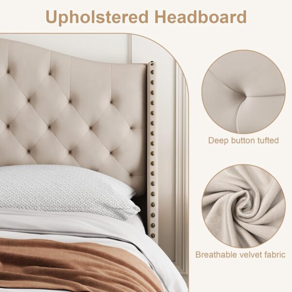 Queen Size Velvet Tufted Upholstered Platform Bed Frame with Raised Wing Back Headboard, Mattress Foundation and Wood Slat Support, No Box Spring Needed, Beige - Image 4