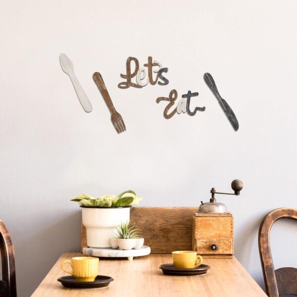 Jetec 5 Pcs Let's Eat Sign Kitchen Wall Decor Fork Spoon Knife Kitchen Decor Sign Rustic Farmhouse Wooden Eat Sign for Kitchen Home Dining Room Bar Cafe Restaurant(Brown, Beige, Dark Gray) - Image 5