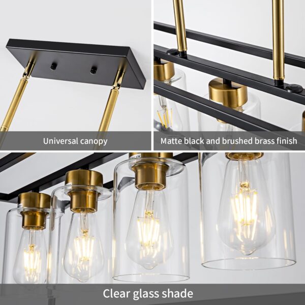 6 Lights Modern Dining Room Light Fixtures Over Table Black & Brushed Brass Gold Farmhouse Chandelier Rectangular Pendent Lighting for Kitchen with Glass Shade Long Linear Industry Hanging Light - Image 5