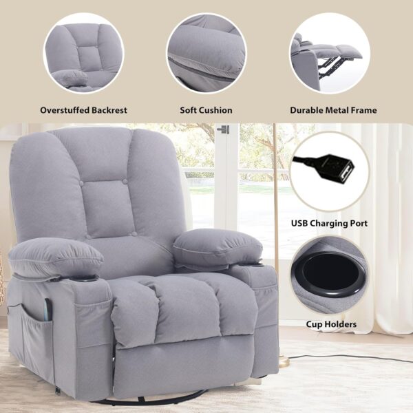 Recliner Chair for Adults, Rocker Recliners with Massage and Heat, Fabric Overstuffed Swivel Glider with Cup Holder Side Pocket, Manual Reclining Sofa Chair for Living Room - Image 5
