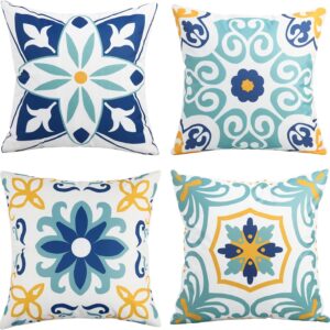 Outdoor Waterproof Throw Pillow Covers Set of 4 Floral Printed and Boho Farmhouse Outdoor Pillow Covers for Patio Funiture Garden 18x18 Inch Blue