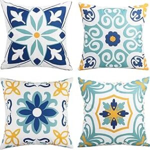 Outdoor Waterproof Throw Pillow Covers Set of 4 Floral Printed and Boho Farmhouse Outdoor Pillow Covers for Patio Funiture Garden 18x18 Inch Blue