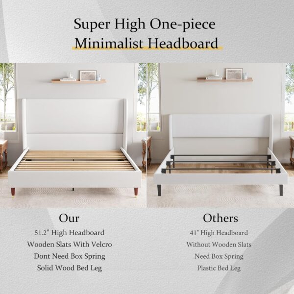 Jocisland Upholstered Bed Frame Queen Size 51.2" High Platform Bed with Wingback Headboard/No Box Spring Needed/Easy Assembly/White - Image 5