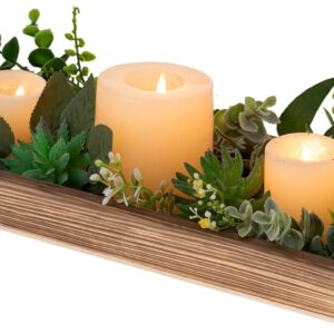 Long Narrow Wood Candle Tray: Hanobe Rustic Wooden Candle Holders Rectangular Table Centerpieces for Dining Room Farmhouse Pillar Stand with Handle Rectangle Tea Light Base Coffee Table Decor