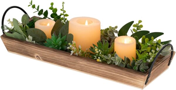 Long Narrow Wood Candle Tray: Hanobe Rustic Wooden Candle Holders Rectangular Table Centerpieces for Dining Room Farmhouse Pillar Stand with Handle Rectangle Tea Light Base Coffee Table Decor