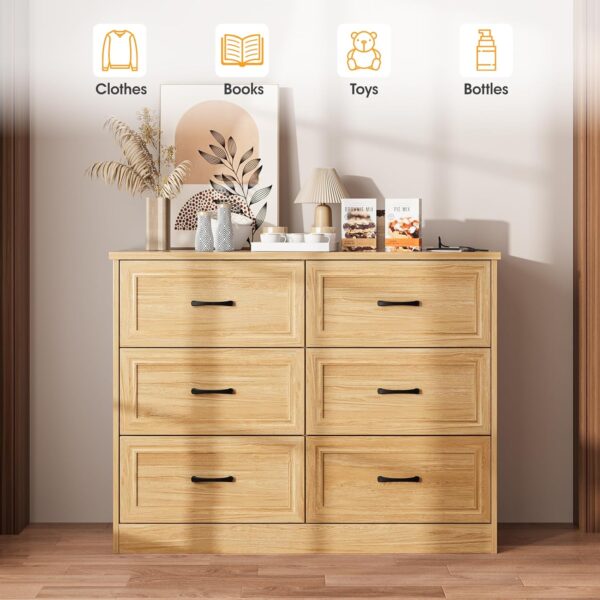 Fameill Dresser for Bedroom, 6 Drawer Wide Dresser Organizer with Charging Station, Tall Dresser for Hallway, Wood Dresser with Metal Handles, Oak - Image 5