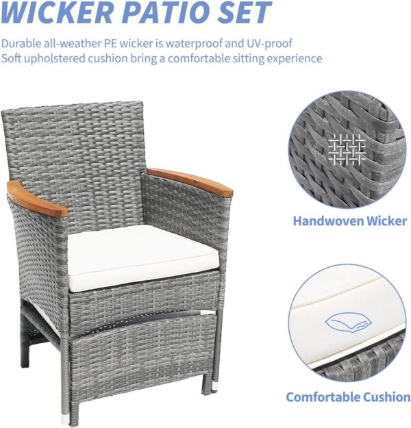 5 Piece Outdoor Patio Furniture Set with Table&Ottoman Outdoor Furniture Patio Set Bistro Wicker Patio Set of 2 Outside Lawn Chairs Conversation Sets for Porch Balcony Deck(Gray Wicker&Beige Cushion) - Image 4