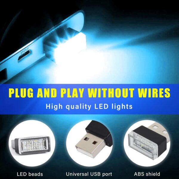 Augeny 4 PCS USB LED Car Interior Atmosphere Lamp, Plug-in USB Decor Night Light, Portable Auto Ambient Lighting Kit, Universal Vehicle Interior Accessories for Most Cars (Blue & Ice Blue) - Image 3