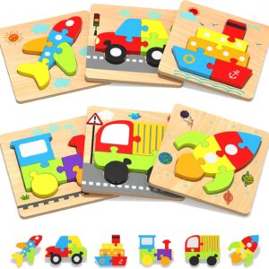 Yetonamr Wooden Toddler Puzzles Gifts Toys for 1 2 3 Years Old Boys Girls, 6 Vehicle Shape Montessori Toys Educational Blocks Kids Toys Gift Baby Learning Toy Age 1-3, 2-4